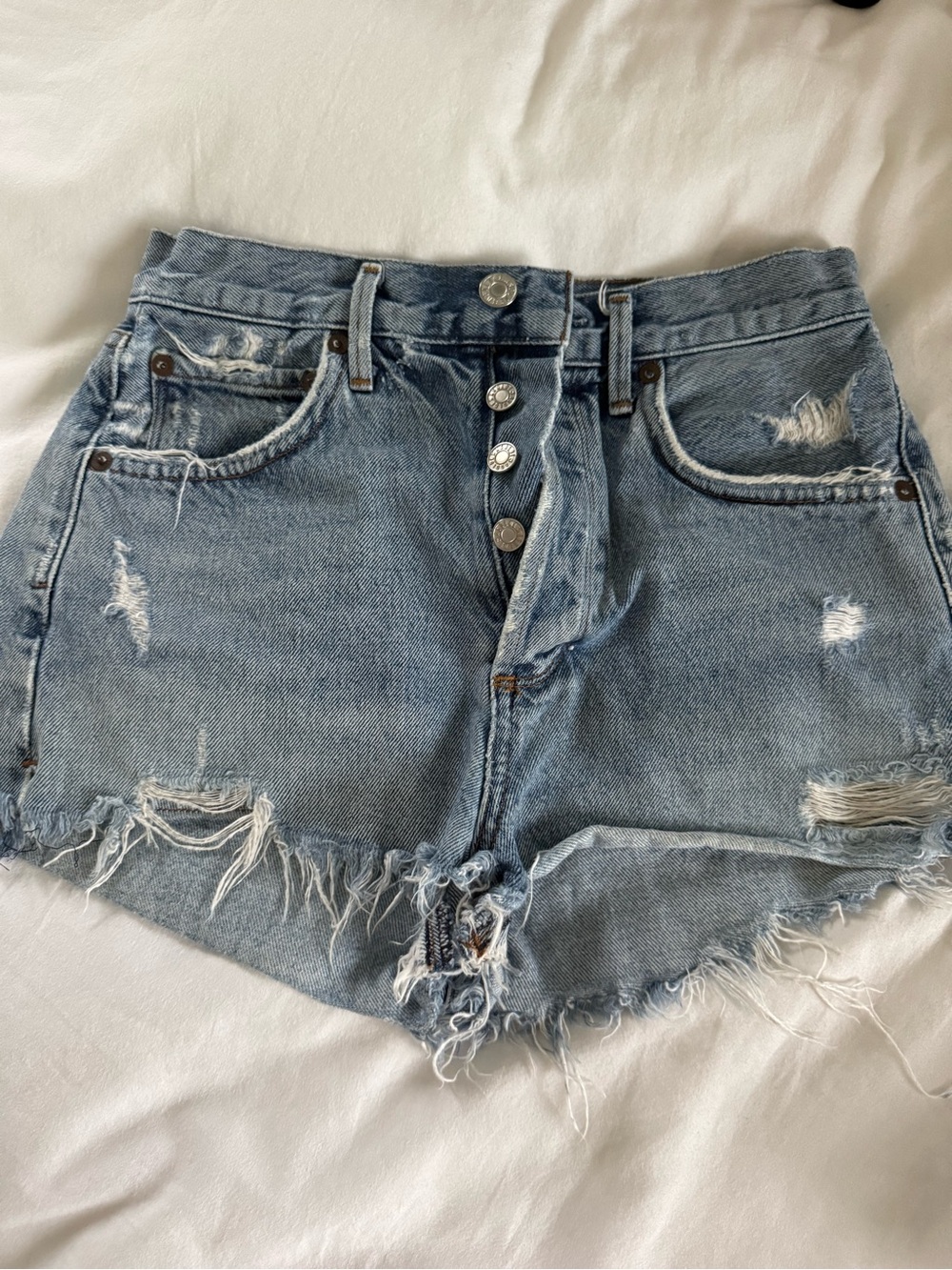 Agolde Light Blue Distressed Button-Fly Jean Shorts